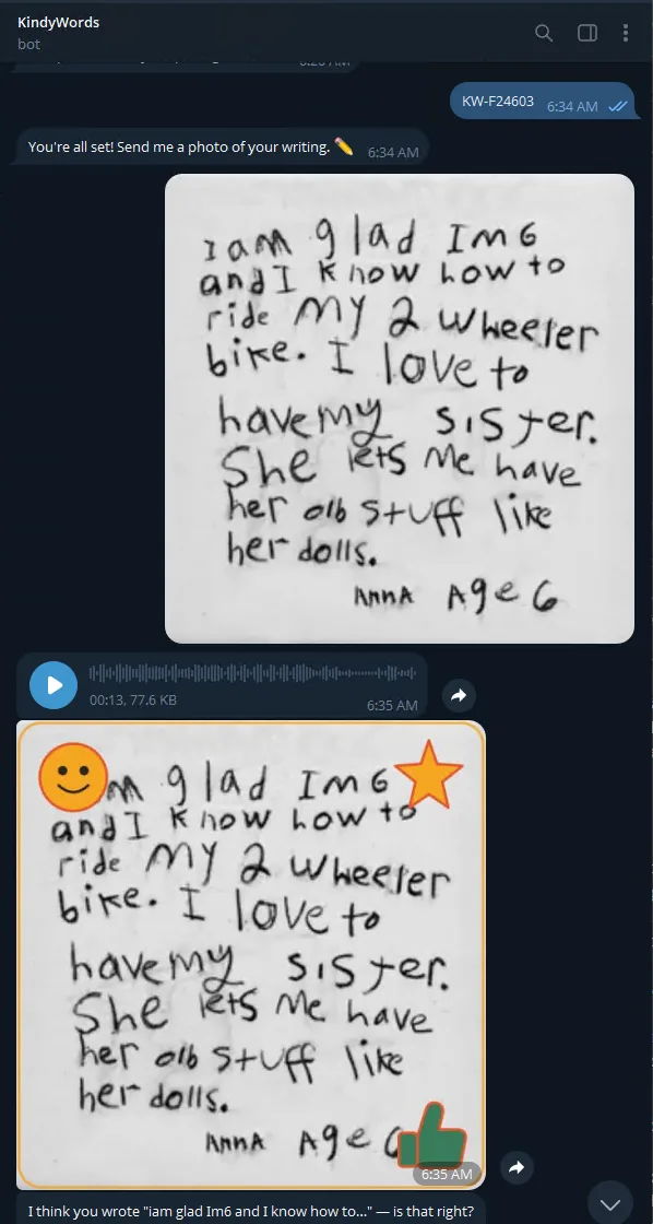 The KindyWords chatbot on Telegram: a photo of handwritten work is sent in, and the bot replies with a 13-second voice note, a marked-up page, and a text transcription — multimodal input and output on a live messaging channel.